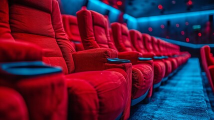A row in a movie theatre with red armchairs and popcorn cup holders. Concepts of entertainment and watching films, - obrazy, fototapety, plakaty