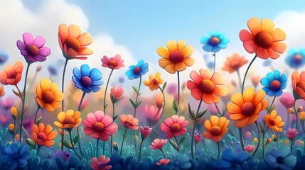Colorful Illustrated Flowers in a Dreamy Meadow
