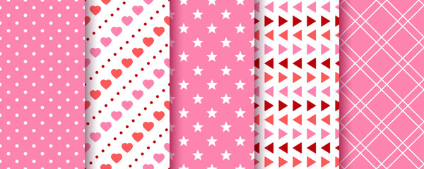 Valentine's day pattern. Cute seamless background. Pink red prints with hearts, polka dot, check, star. Set of lovely textures for scrapbooking. Retro geometric wrapping papers. Vector illustration