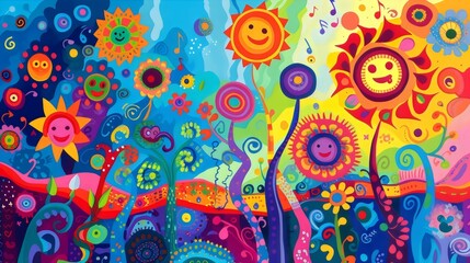 Vibrant Psychedelic Artwork with Smiling Suns and Whimsical Nature
