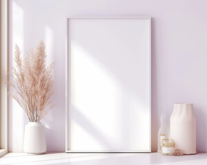 big white poster mockup in a minialistic frame handing on a pink wall