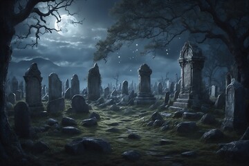 In the eerily enchanting holo-deck experience, a hauntingly captivating scene unfolds: a vast graveyard bathed in ethereal moonlight.