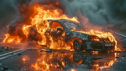 The automobile transportation vehicle spontaneous combustion fire mishap - obrazy, fototapety, plakaty