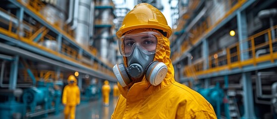 The hazardous factory workshop environment is being cleaned by a toxic chemical gas leak safety crew while also providing protection and safety.