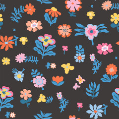 Colorful patterns depicting bright flowers, inflorescences, flower twigs, leaves on a black background. Blue foliage and pink, yellow and orange buds of exotic plants.