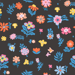 Obraz premium Colorful patterns depicting bright flowers, inflorescences, flower twigs, leaves on a black background. Blue foliage and pink, yellow and orange buds of exotic plants.