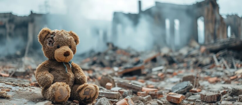 A teddy bear toy on the ruins of a city destroyed by war conflict. AI generated images