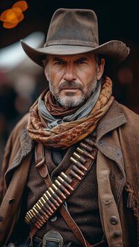 With a revolver pistol weapon and a bandolier of bullets, the outlaw is a western cowboy.