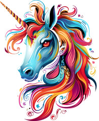 T-shirt design, colorful unicorn head