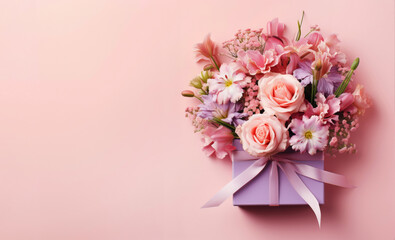 Gift box and flowers on light pink background. Copy space. Congratulating card