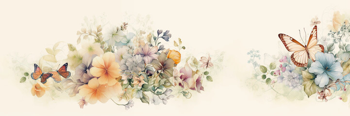 Light color background with some flowers, butterfly and plants on the edges. Nature banner