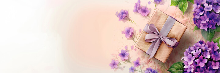 Gift box and purple fresh flowers on light background. Copy space. Panorama