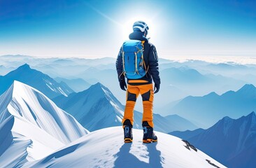 view from the back,  a young man in comfortable boots for mountaineering stands on the top of a mountain, mountains are visible in the background, climber
