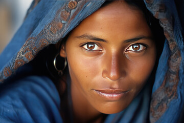 Mesmerizing Portrait of a Young Woman with Golden Eyes in a Blue Scarf - obrazy, fototapety, plakaty