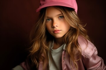 Portrait of a beautiful little girl in a pink cap. Beauty, fashion.