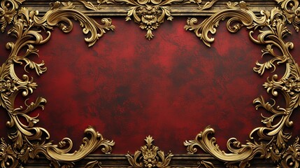 Exquisite Detailed Decorative border with a Prominent embossed Golden Floral Motif set against a Deep Red Backdrop - Floral Series of Gold Patterns Background created with Generative AI Technology