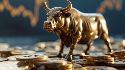 Bullish divergent concept gold bull and bitcoins - obrazy, fototapety, plakaty