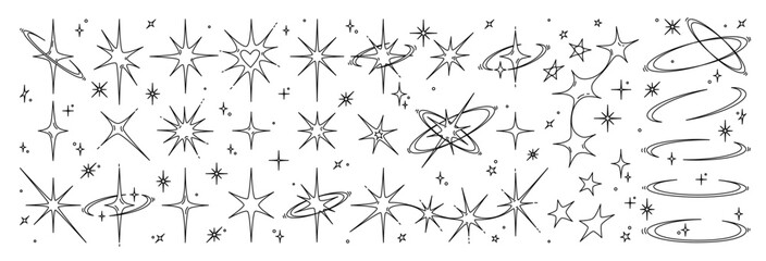 Y2k star sparkle bling abstract tattoo shapes. Simple minimal geometric signs in retro 2000s style.