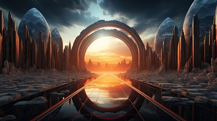 Background that features a bridge or portal connecting two different dimensions, with contrasting elements from each dimension extending in opposite directions. - obrazy, fototapety, plakaty