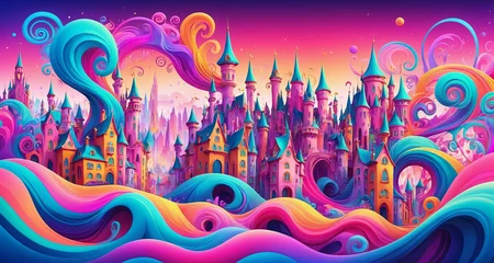 Poster Colorful Gradient Background - Vibrant Cityscape and Whimsical Fairytale Land Gen AI © Ian