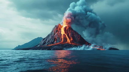 Fotobehang Lava Flows on active volcano on island in sea, © PaulShlykov