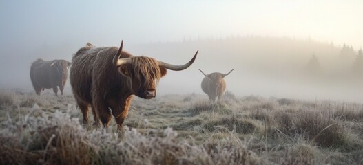 Highland cattle in misty field at dawn. Wildlife and nature. - obrazy, fototapety, plakaty
