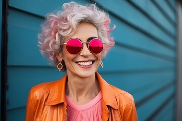 Fototapeta na wymiar portrait of smiling woman with pink hair and sunglasses on blue background