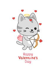 Cupid kitten. Happy Valentines day. Card. Kawaii, cartoon, vector