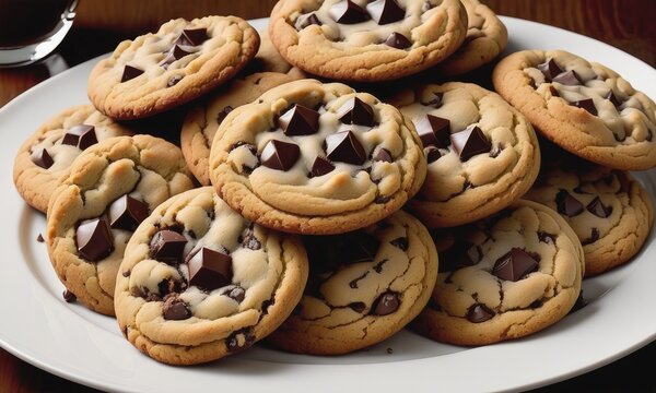 An Irresistible Scene Featuring A Plate Piled High With Warm And Gooey Chocolate Chip Cookies