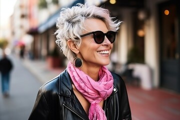 Portrait of a beautiful middle aged woman in sunglasses and pink scarf