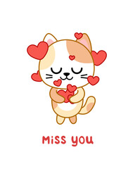 Miss you. Card. Kitten with hearts. Valentines day. Kawaii, cartoon, vector