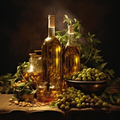 Assorted Olive Oil Bottles with Fresh Olives and Nuts. AI GENERATED IMAGE.
