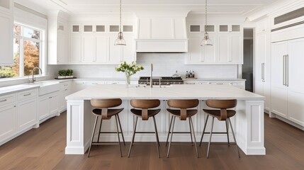 Beautiful white kitchen in new luxury home with large island. Features large island, stainless steel appliances, and sleek modern range hood