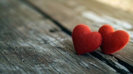 two red felted hearts on a wooden background - love/romance/valentines concept