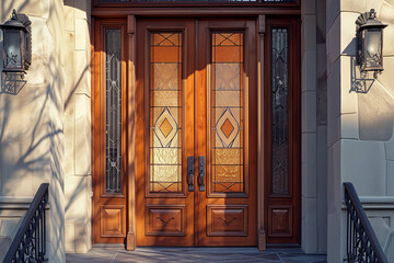 At sunrise, light shines on a luxurious house entrance with a wooden double front door featuring stained glass inserts and wooden sidelites
