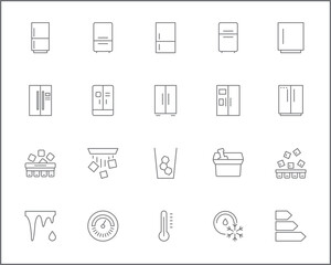 Set of fridge and refrigerator line style. Contains such Icons as household, appliances, double door fridge, side by side door fridge, ice, snowflake, kitchen, Celsius, Fahrenheit and more.