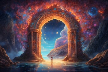 A fantastical portal, a doorway to another world, is depicted in a vivid and fantastical painting. The portal, crafted with intricate details, is embellished with ornate carvings and glowing symbols.