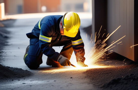 a male worker in overalls fell at the workplace holding a red-hot piece of metal in his hands. Industrial injury.