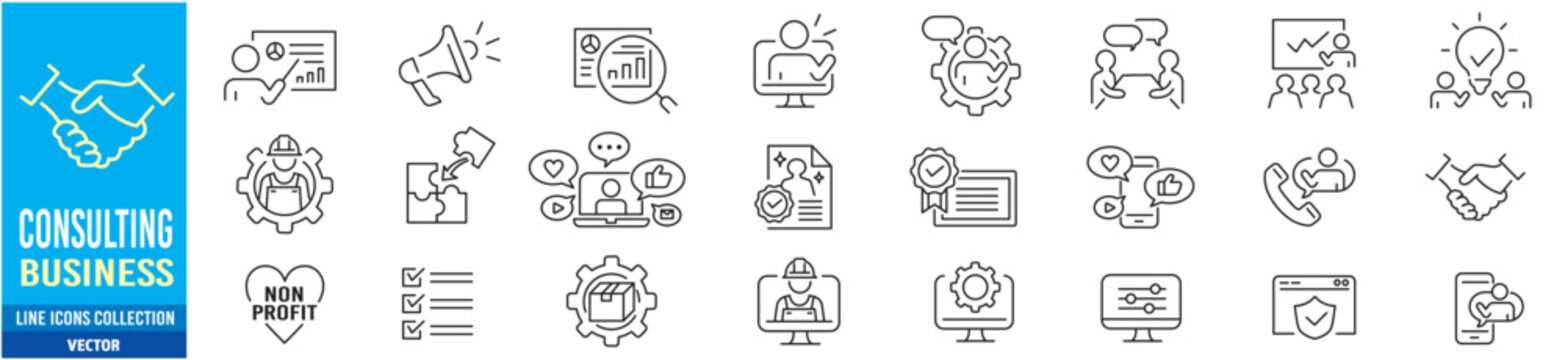 Consulting business editable stroke linear icon collection vector illustration