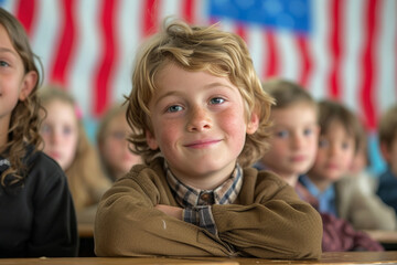 Happy Schoolboy in Classroom with American Flags