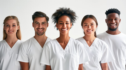 Diverse team healthcare professionals in white scrubs - Generative AI - obrazy, fototapety, plakaty