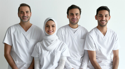 Diverse team healthcare professionals in white scrubs - Generative AI