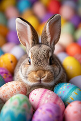 Fototapeta na wymiar Cutre little bunny hidding between colorful eggs vertical ai generated art. 