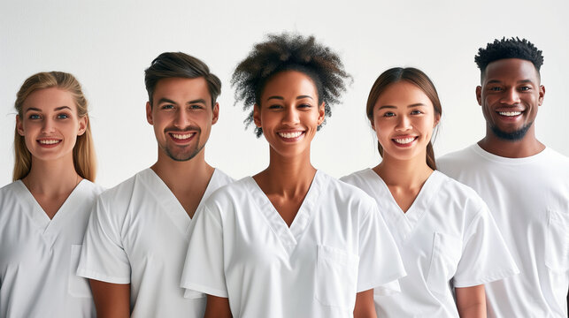 Diverse team healthcare professionals in white scrubs - Generative AI