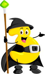 Obraz premium Cartoon math number three Halloween wizard, witch and mage character. Isolated vector numeric 3 personage wields a mystical staff, adorned with hat and cloak, solving equations with wise expression