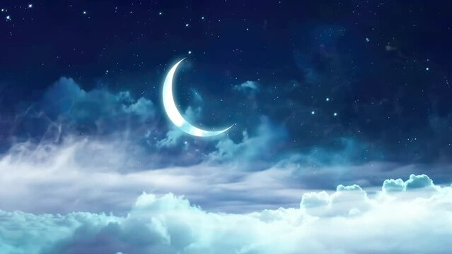 Fantasy Sky with Big Crescent Moon, Shooting Stars and Smoky Clouds. Cartoon or Anime Illustration Style. Seamless Looping 4 K Time-Lapse Islamic Video Animation Background Idea