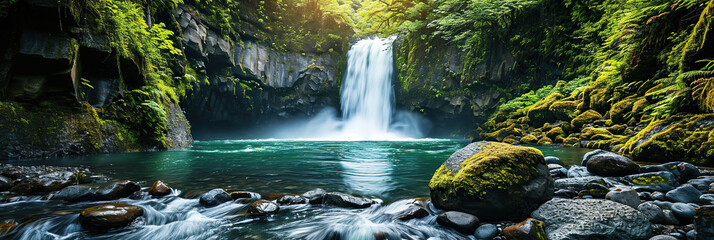 Panoramic view of waterfall in deep forest.