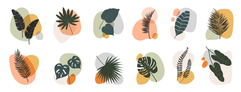 Abstract boho leaf and plant shapes, feature tropical foliage of palm trees and exotic flowers with colorful spots in natural tones, tapestry of nature, effortlessly blending into bohemian aesthetics