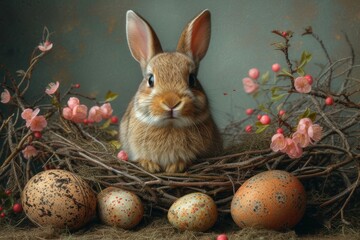 Fototapeta na wymiar vintage easter postcard design featuring a rabbit and easter eggs