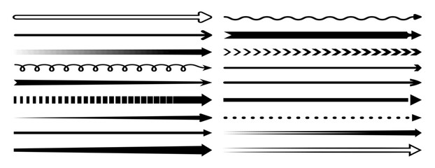 Straight long arrows set of vector horizontal pointers to the right. Isolated black thin, thick, wave and squiggle, dotted and dashed line arrows pointing to the right. Forward orientation pictograms - obrazy, fototapety, plakaty